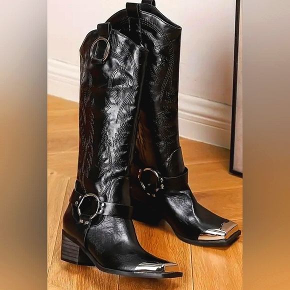 Shoes - NEW! Never worn! Black Vegan Leather Silver toe Boots !